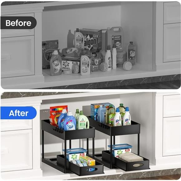 Under Sliding Cabinet Organizer, 2 Tier Under Sink Organizers and Storage Black - Picture 2 of 6